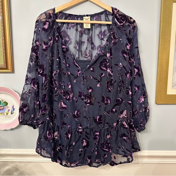 Faded Glory Tops - Faded Glory Sheer Blouse Large Floral Velvet Burnout Whimsigoth Witchy Ruffle